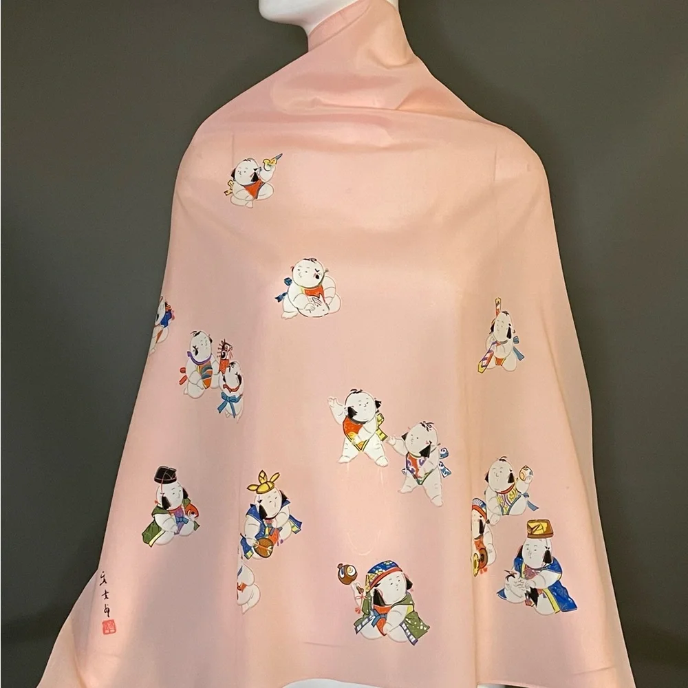 Charming Vintage Japan Sumo Baby Print Scarf 29 In Very Good Condition - Picture 2 of 10